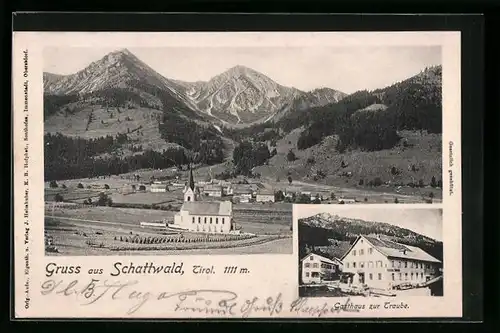 AK Schattwald, Gasthaus zur Traube, Ortsansicht