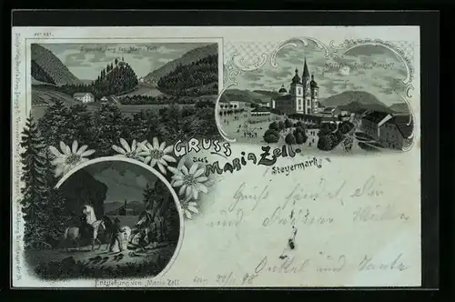 Lithographie Maria Zell, Blick zur Wallfahrtskirche, Sigmundsberg