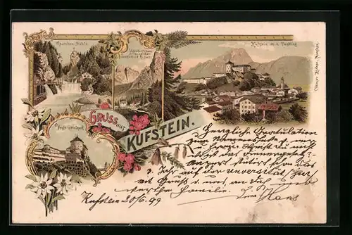 Lithographie Kufstein, Gesamtansicht, Sparchen-Mühle, Veste Geroldseck
