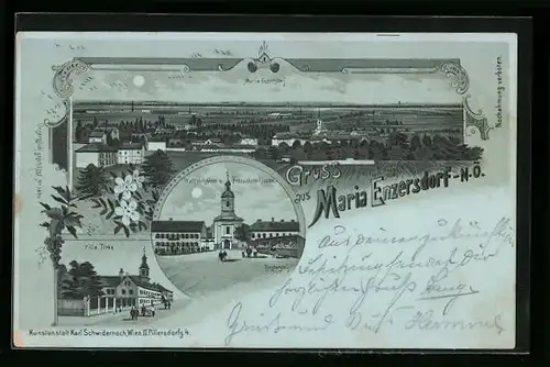 Mondschein-Lithographie Maria Enzersdorf, Villa Tirka, Wallfahrtskirche mit Franziskaner-Kloster, Ortsansicht