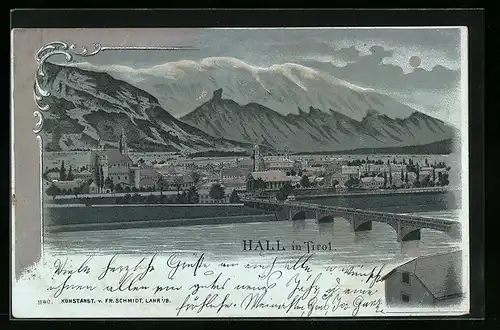 Lithographie Hall in Tirol, Ortsansicht aus der Vogelschau
