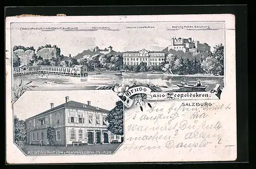 Lithographie Leopoldskron, Restauration u. Pension, Schloss, Festung Hohen Salzburg