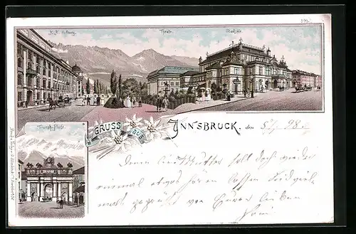 Lithographie Innsbruck, K. K. Hofburg mit Theater und Stadtsälen, Triumph-Pforte