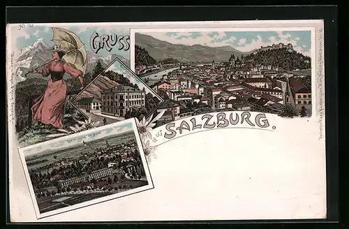 Lithographie Salzburg, Panorama, Riedenburg & Gasthof-Kaffee Ofenloch