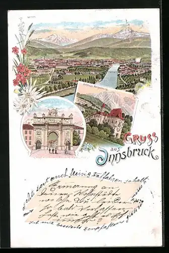 Lithographie Innsbruck, Schloss Weiherburg, Triumphpforte, Ortsansicht