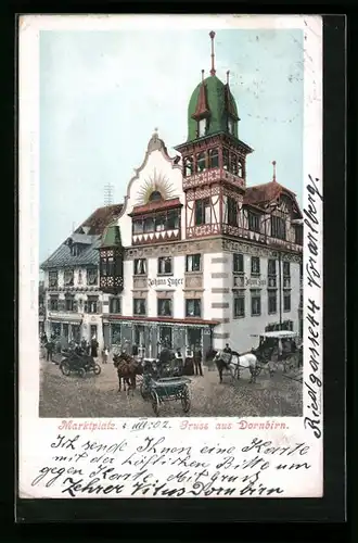 AK Dornbirn, Marktplatz mit Kutschen vor dem Haus Johann Luger