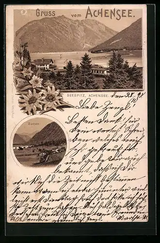 Lithographie Maurach am Achensee, Hotel Seespitz, Blick auf Buchau