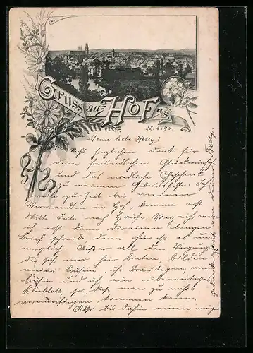 Vorläufer-AK Hof a. S., 1895, Ortsansicht aus der Vogelschau