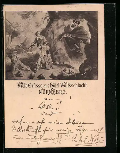 Vorläufer-Lithographie Nürnberg, 1894, Hotel Wolfsschlucht, Gemälde