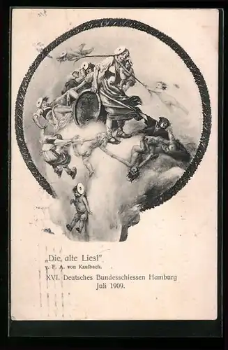 Passepartout-AK Hamburg, Bundesschiessen 1909, Die alte Liesel, Gemälde