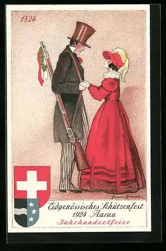 Künstler-AK Aarau, Eidgenössisches Schützenfest 1924, Jahrhundertfeier, Mann mit Gewehr, Schweizer Wappen