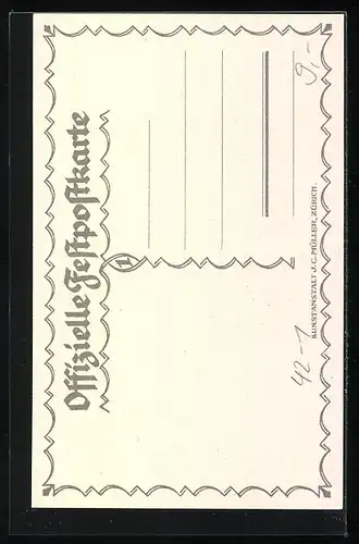 Lithographie Aarau, Eidgenössisches Schützenfest 1924, Schütze lüftet den Zylinder vor Dame mit Lorbeerkranz, Wappen
