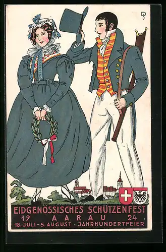 Lithographie Aarau, Eidgenössisches Schützenfest 1924, Schütze begrüsst eine Dame mit Lorbeerkranz in der Hand, Wappen