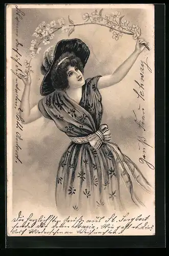 AK Junge Dame mit Blütenzweig, Jugendstil