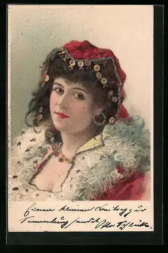 Lithographie Junge Dame mit traditioneller Kopfbedeckung, Glitter, Jugendstil