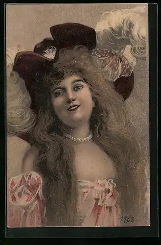 Lithographie Dame mit wallendem Haar mit Hut