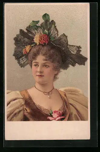 Glitzer-Perl-AK Mädchen in Tracht, Haube