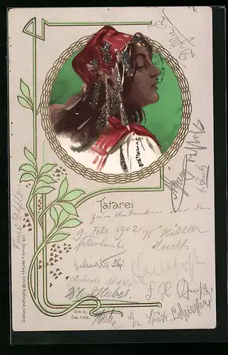 Lithographie Tatarei, Junge Frau in traditioneller Kleidung, Ornament, Jugendstil