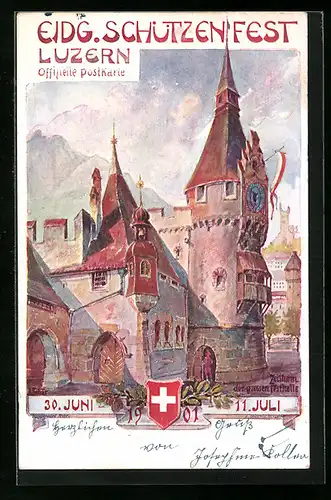 Künstler-AK Luzern, Eidgenössisches Schützenfest Juli 1911, Rathaus und Stadtwappen