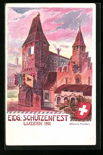 Lithographie Luzern, Eidgenössisches Schützenfest 1901, Bannerturm und kleines Restaurant