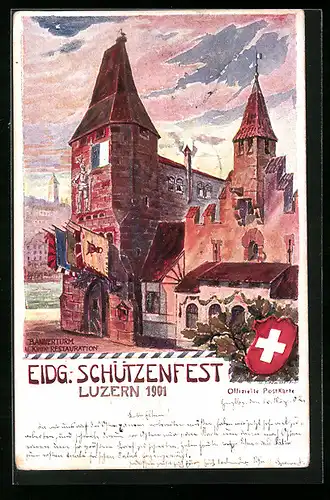 AK Luzern, Eidgenössisches Schützenfest 1901, Bannerturm und Gasthaus Kleine Restauration, Wappen