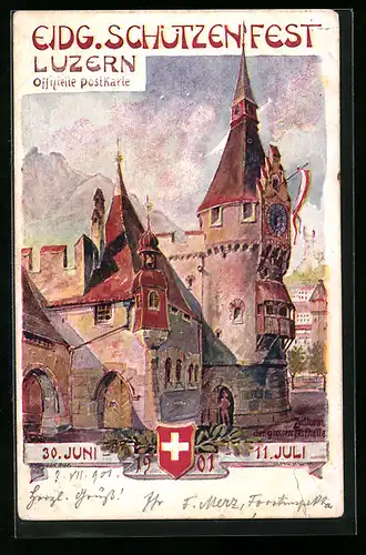 Künstler-AK Luzern, Eidgenössisches Schützenfest Juli 1911, Rathaus und Stadtwappen
