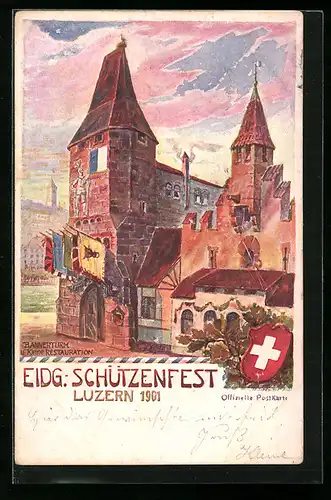 Künstler-AK Luzern, Schützenfest 1901, Bannerturm und Restauration, Schweizer Wappen
