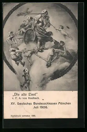 AK München, XV. Deutsches Bundesschiessen 1906, Die alte Liesl, Frau mit Bierfass & Putten