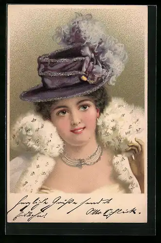 Lithographie Junge Frau mit Hut und Mantel mit Pelzkragen, Jugendstil