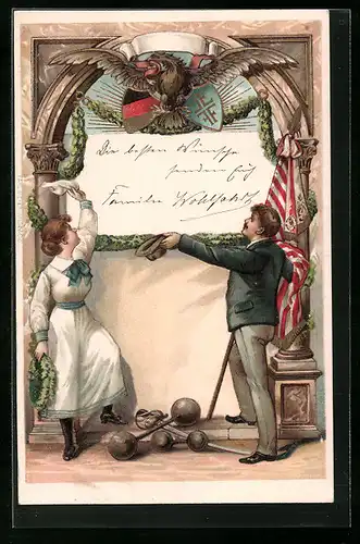 Präge-Lithographie Zwei Turner grüssen den Reichsadler