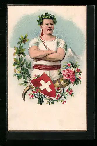 Präge-AK Bern, Eidgen. Turnfest 1906, Sportler mit Siegerkranz und Landeswappen