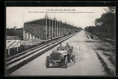 AK St-Mars-la-Briére, Circuit de la Sarthe 1906, Route droite et plane entre St-Mars-la-Briére, Autorennen