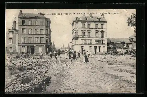 AK Elbeuf, La place Bonaparte, Ravages causes par-l`orage du 30 Juin 1908, Unwetter