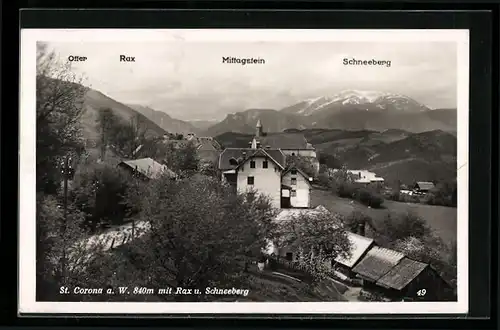 AK St. Corona a. W., Ortsansicht mit Rax und Schneeberg