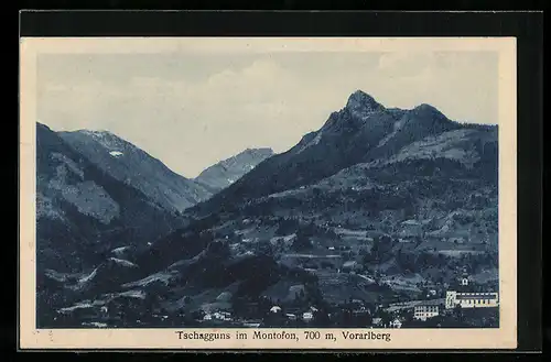 AK Tschagguns /Montofon, Teilansicht mit Bergpanorama aus der Vogelschau