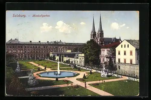 AK Salzburg, Mirabellgarten mit Kirche aus der Vogelschau