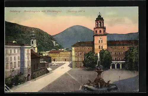 AK Salzburg, Residenzplatz mit Glockenspiel, Gaisberg