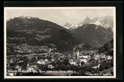 AK Schruns im Montafon, Ortsansicht gegen Golm und Zimba