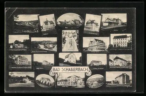 AK Bad Schallerbach, am Rathaus, Stadttotale, im Bahnhof, Breitwiesers Gasthof, Kurhaus St. Raphael, Hotel Viktoria