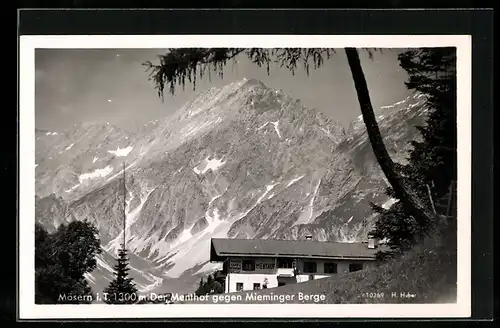 AK Mösern i. T, Der Menthof gegen Mieminger Berge