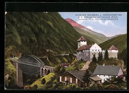 AK Landeck, Schloss Wiesberg und Trisanabrücke