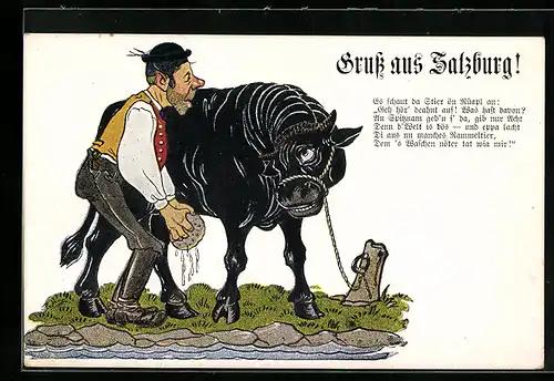 Künstler-AK Salzburg, Bauer mit einem Stier