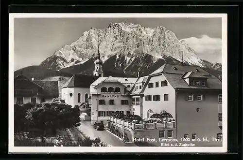 AK Lermoos i. T., Hotel Post mit Blick zur Zugspitze