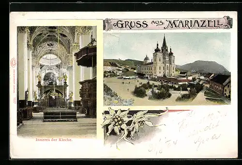 Lithographie Mariazell, Blick zur Basilika, Inneres der Kirche