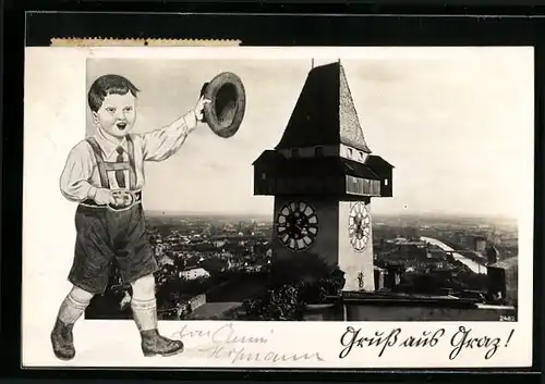 AK Graz, Partie am Uhrturm mit Dächerlandschaft