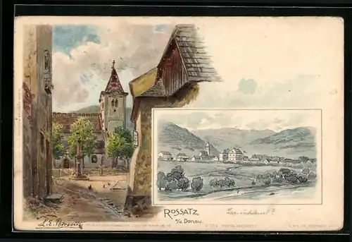 Lithographie Rossatz a. d. Donau, Partie im Ort und Ortsansicht