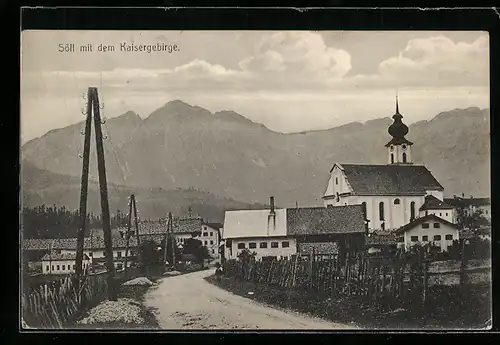 AK Söll, Ortsansicht mit dem Kaisergebirge