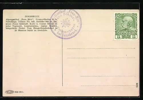 AK Innsbruck, Alpengasthof Frau Hitt mit Sattelspitzen