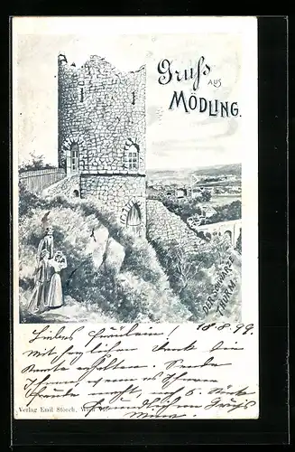 Künstler-AK Mödling, der schwarze Turm mit Ortsansicht