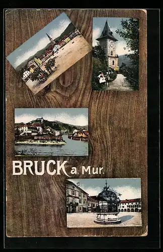 AK Bruck a. Mur, Murpartie, Uhrturm, Partie am Rathaus